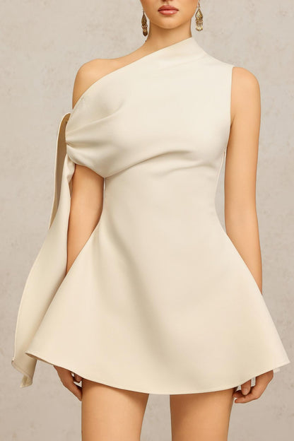 Ivory One-Shoulder Draped Mini Dress with Tie Detail