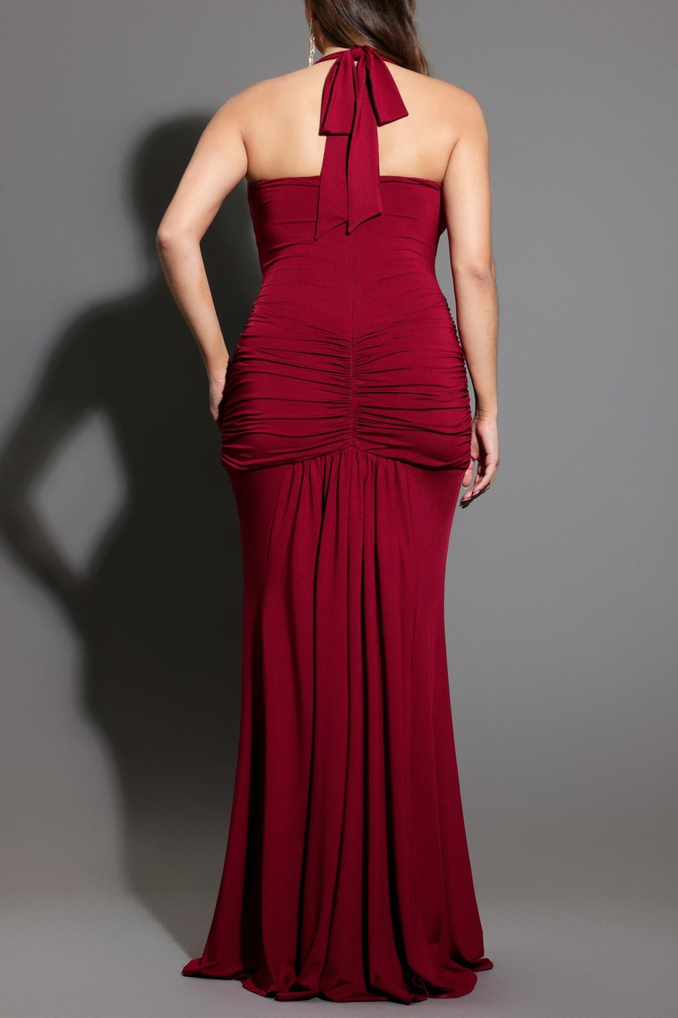 Sexy Plunge Neck Ruched Halter Maxi Dress