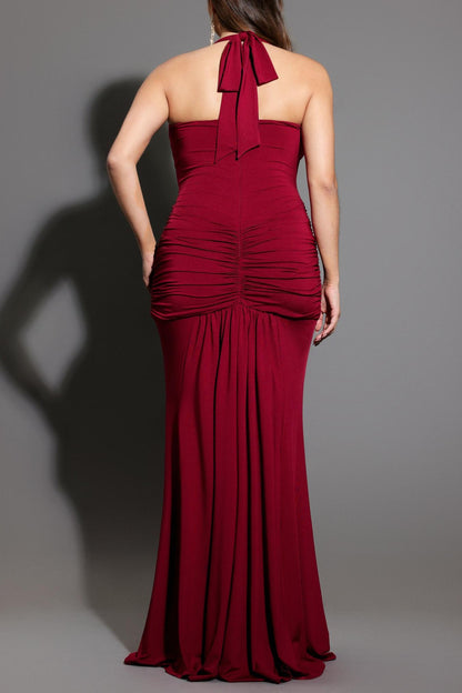 Sexy Plunge Neck Ruched Halter Maxi Dress