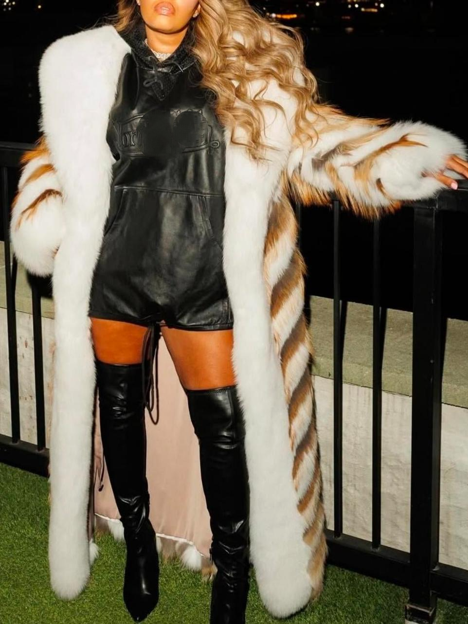 Luxury Chevron Stripe Fox Fur Coat
