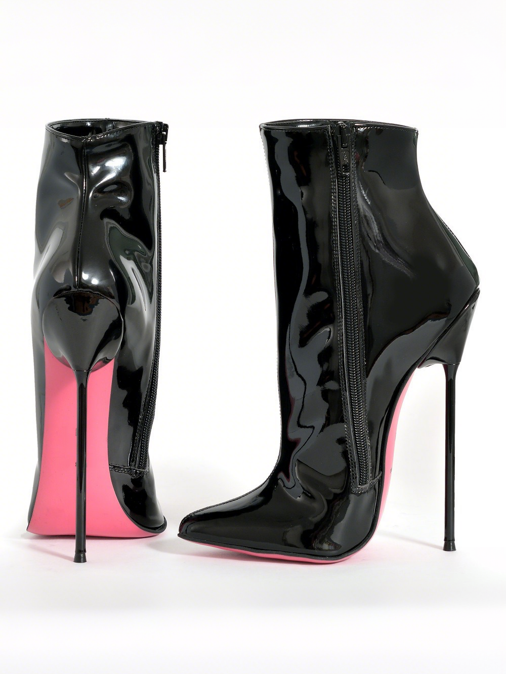 Black Patent Leather Pointed Toe Stiletto Mid-Calf Boots