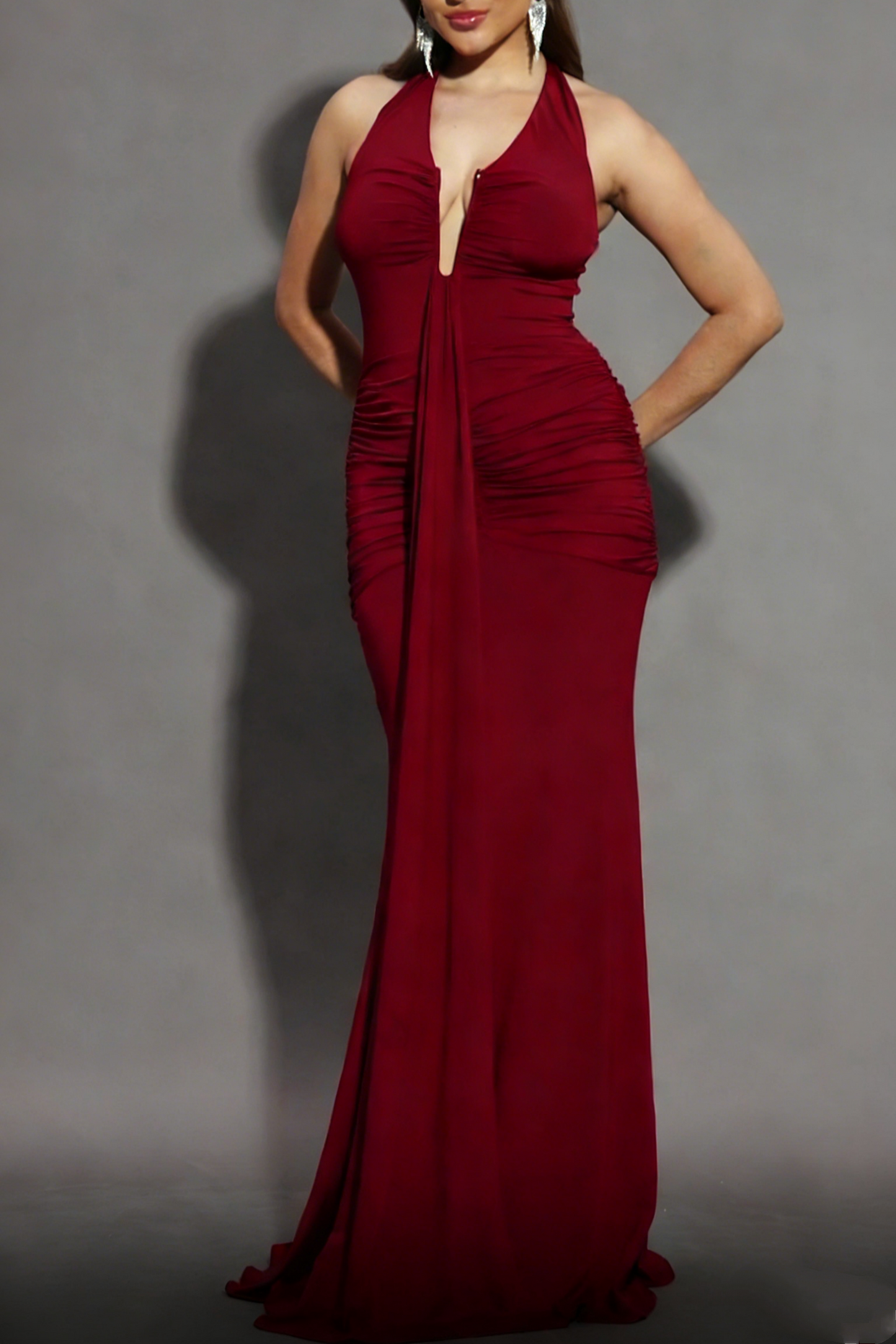 Sexy Plunge Neck Ruched Halter Maxi Dress