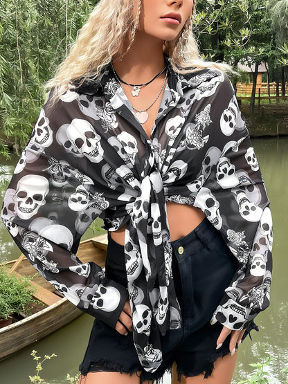 Grunge Skull Print Drop Shoulder Shirt