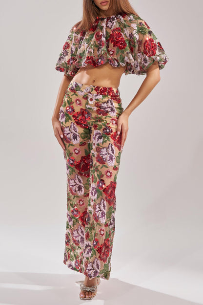 Floral Sequin Sheer Mesh Two-Piece Set