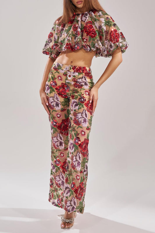 Floral Sequin Sheer Mesh Two-Piece Set
