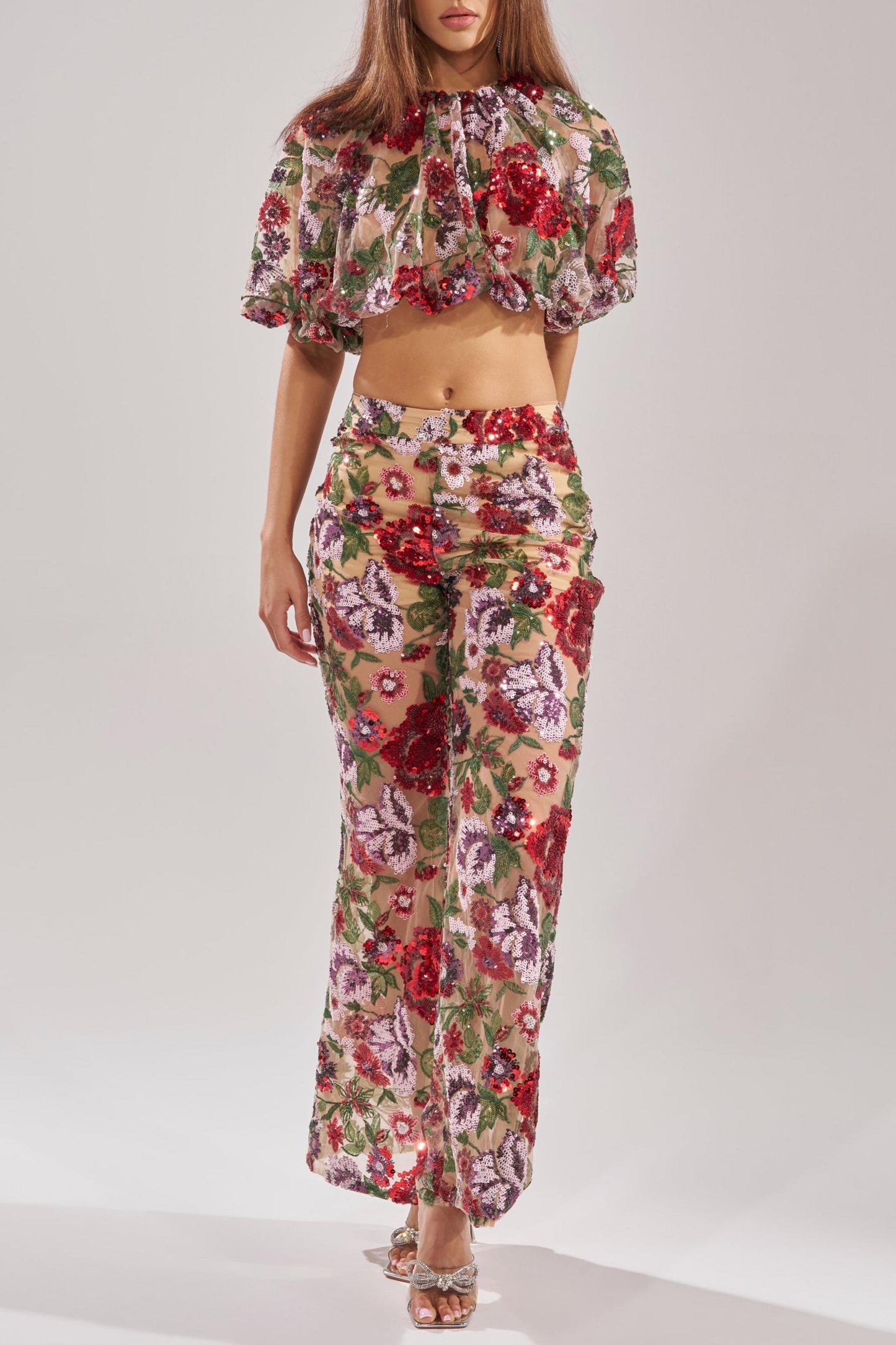 Floral Sequin Sheer Mesh Two-Piece Set