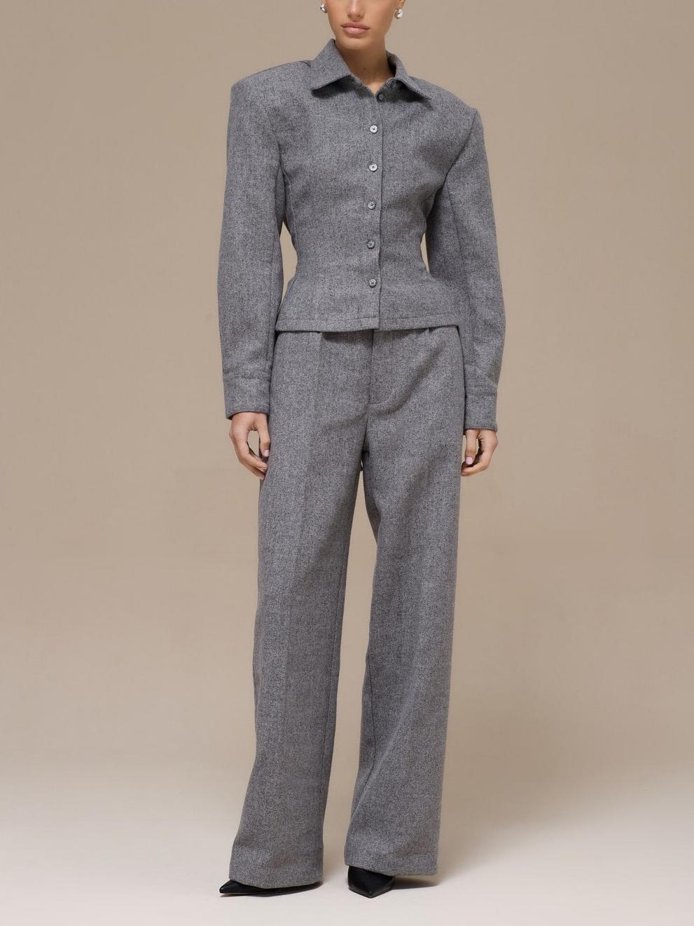 Tailored Grey Wool Blend Two-Piece Set - Back Tie Waist Shirt & Wide Leg Trousers