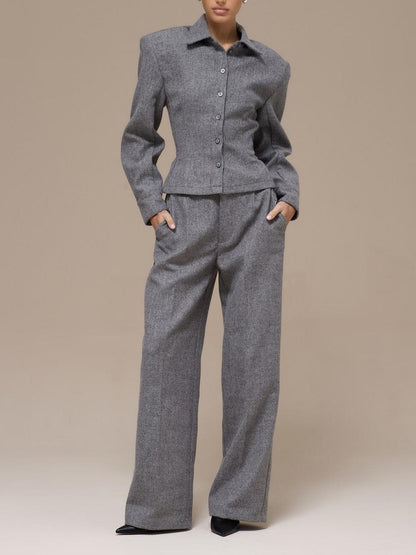 Tailored Grey Wool Blend Two-Piece Set - Back Tie Waist Shirt & Wide Leg Trousers