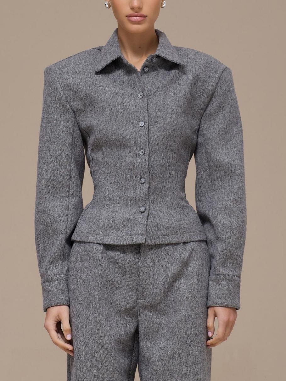Tailored Grey Wool Blend Two-Piece Set - Back Tie Waist Shirt & Wide Leg Trousers