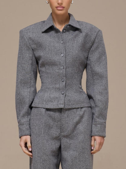 Tailored Grey Wool Blend Two-Piece Set - Back Tie Waist Shirt & Wide Leg Trousers
