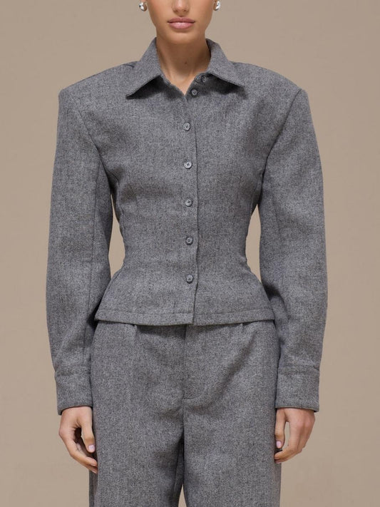 Tailored Grey Wool Blend Two-Piece Set - Back Tie Waist Shirt & Wide Leg Trousers