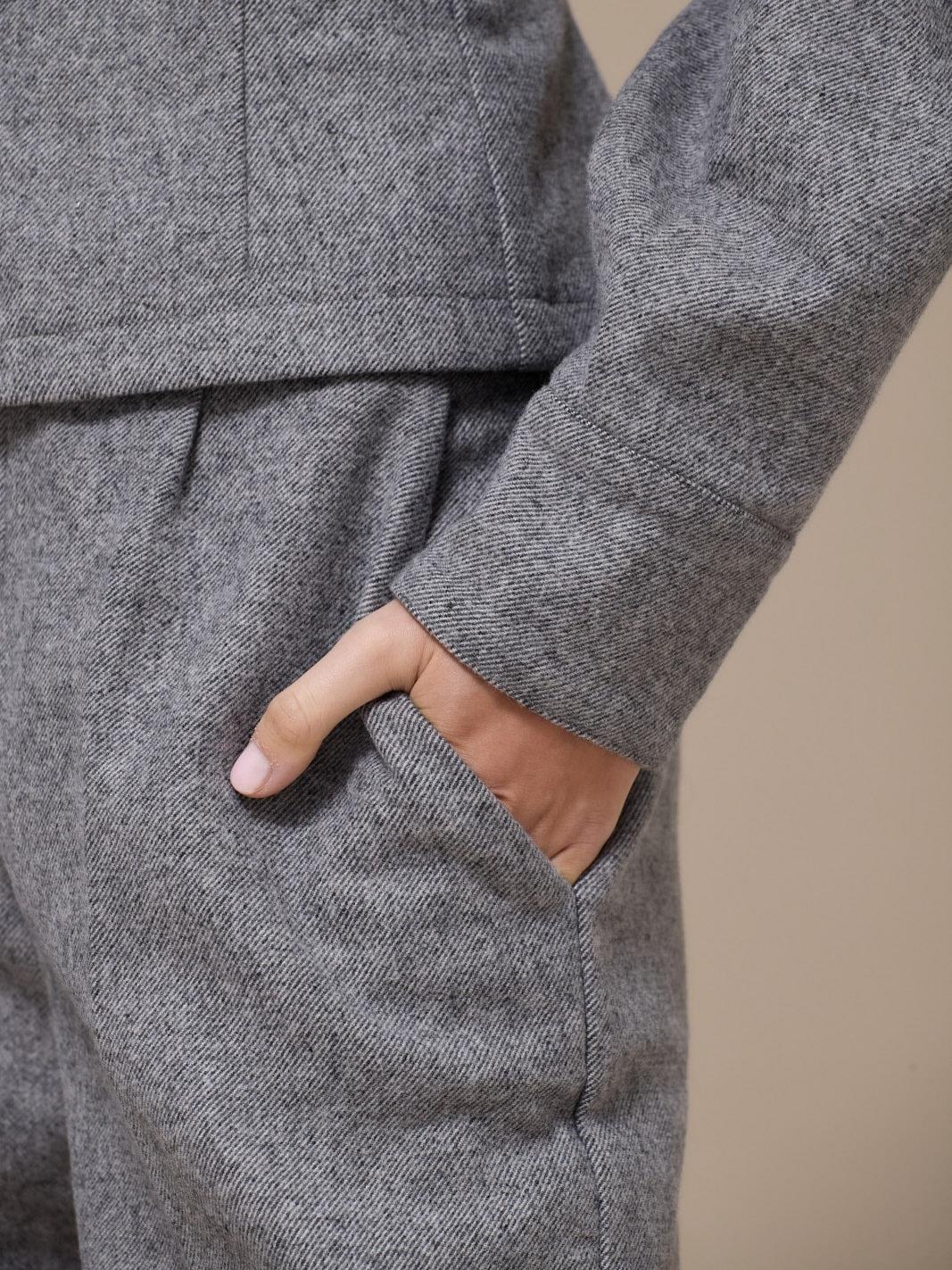 Tailored Grey Wool Blend Two-Piece Set - Back Tie Waist Shirt & Wide Leg Trousers