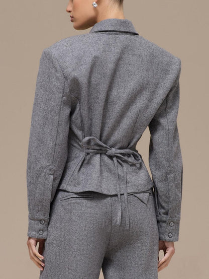 Tailored Grey Wool Blend Two-Piece Set - Back Tie Waist Shirt & Wide Leg Trousers