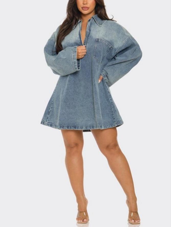 Oversized Washed Blue Denim Half-Zip Shirt Dress