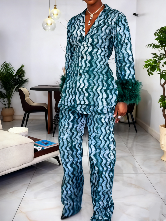 Elegant Wave Print Two-Piece Suit