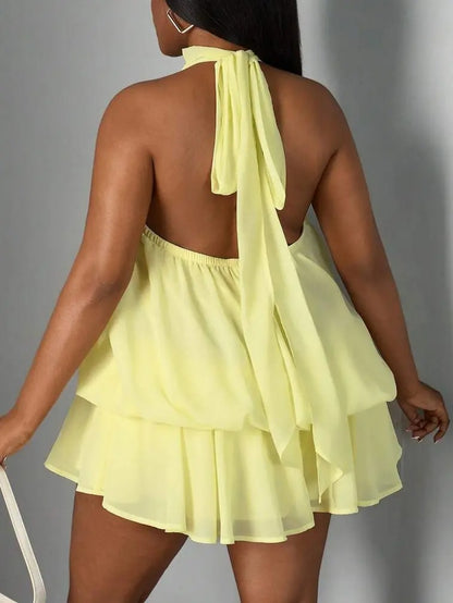 Pastel Yellow Halter Neck Backless Ruffle Mini Dress