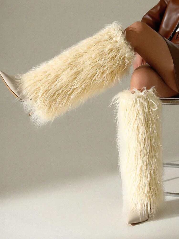 Y2K Fluffy Curly Fur Knee-High Boots
