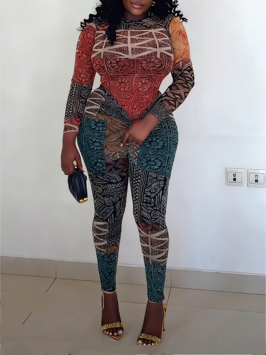 Bohemian Ethnic Print Sheer Mesh Long Sleeve Bodysuit & Leggings Two-Piece Set