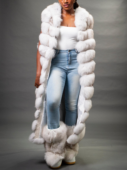 Stylish Long White Fox Fur Vest With Hood