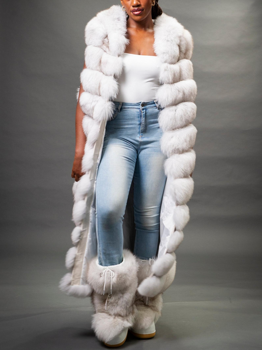 Stylish Long White Fox Fur Vest With Hood