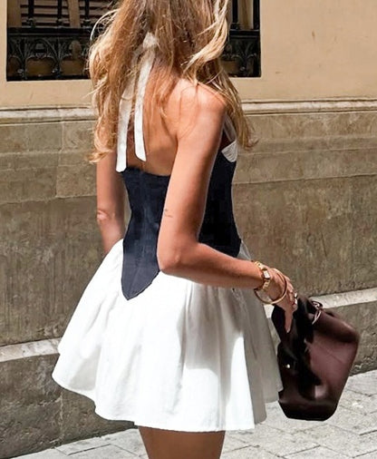Elegant Halter - Neck Dress with Contrast Waistband