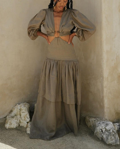 Elegant Maxi Dress with Cut - out Design and Puffed Sleeves