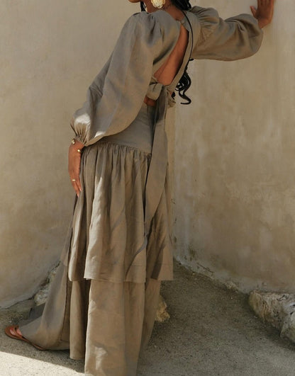 Elegant Maxi Dress with Cut - out Design and Puffed Sleeves