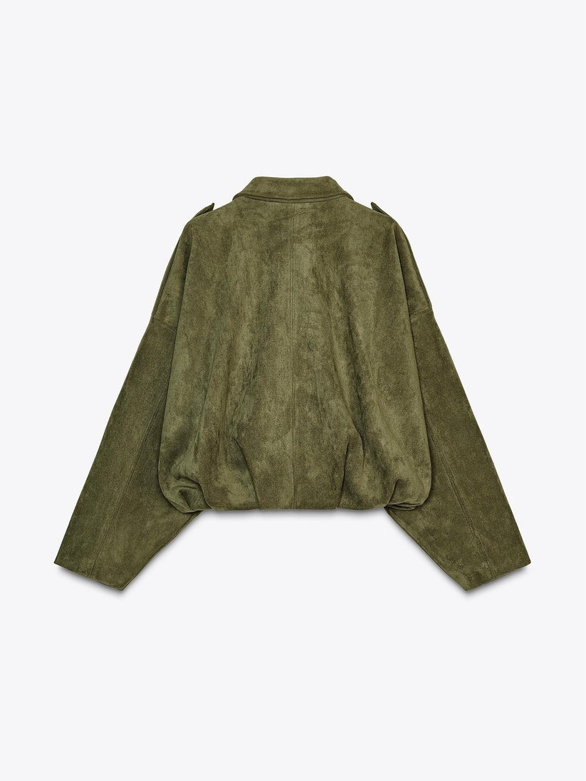 Suede Bomber Zipper Pilot Oversized Jacket