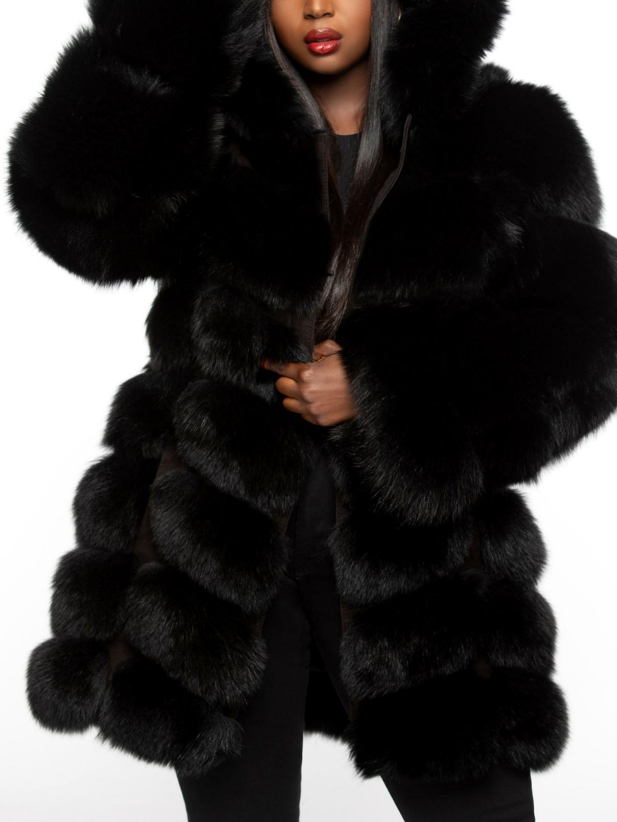 Warm Winter Outerwear Luxurious Black Fur Functional Coat