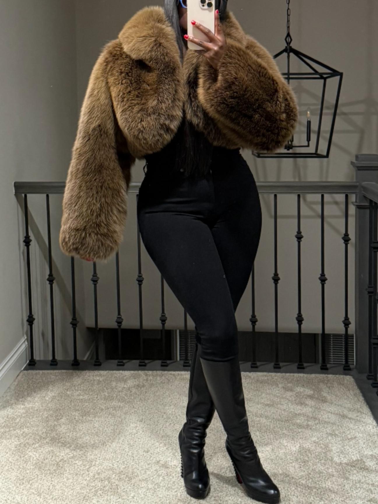 Chic Winter Outerwear Brown Cropped Fur Jacket