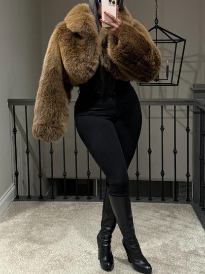 Chic Winter Outerwear Brown Cropped Fur Jacket