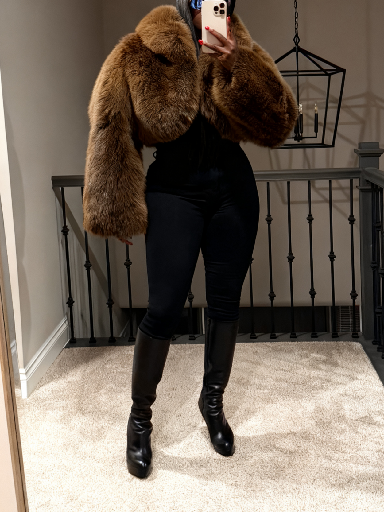 Chic Winter Outerwear Brown Cropped Fur Jacket