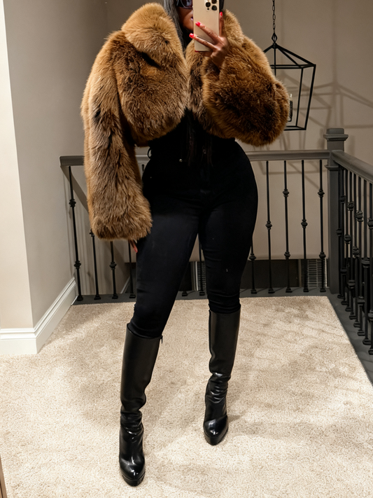 Chic Winter Outerwear Brown Cropped Fur Jacket