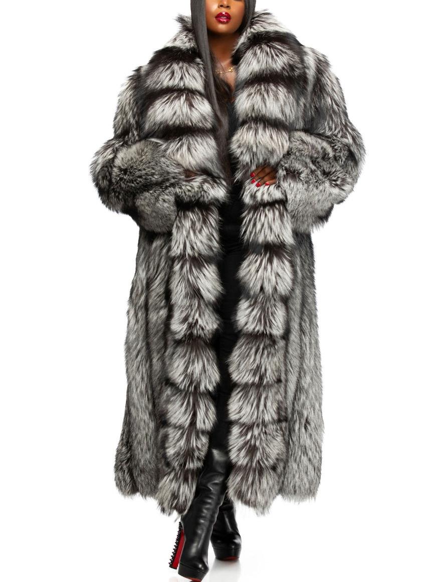 Stylish Winter Outerwear Luxury Long Silver Fox Coat