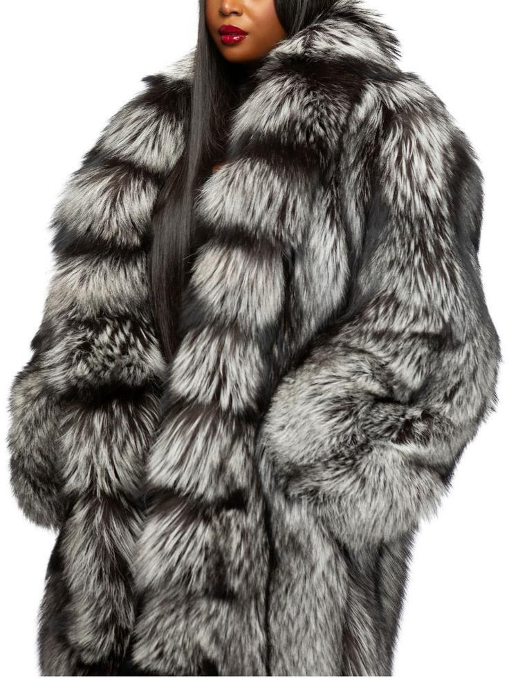 Stylish Winter Outerwear Luxury Long Silver Fox Coat