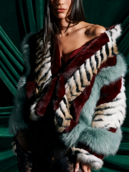 Multicolor Patchwork Cropped Fur Coat