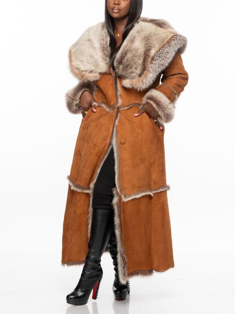 Stylish Long Shearling Fur Coat