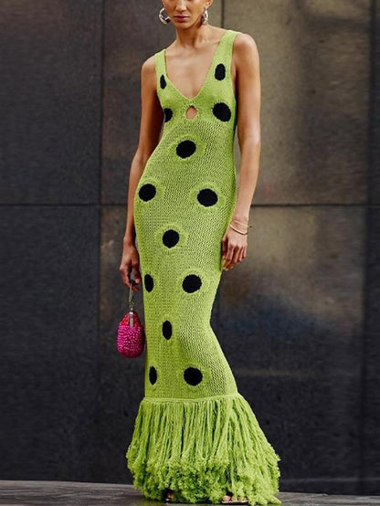 Fringe Hem Deep V Neck Cutout Dress