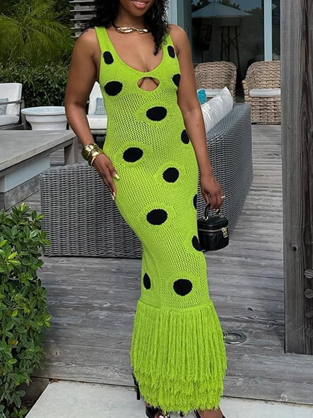 Fringe Hem Deep V Neck Cutout Dress