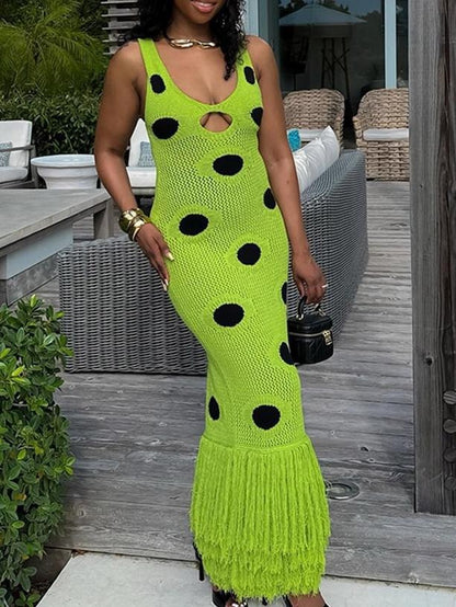 Fringe Hem Deep V Neck Cutout Dress