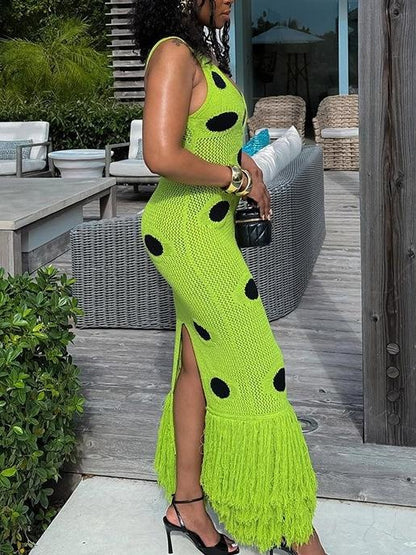 Fringe Hem Deep V Neck Cutout Dress