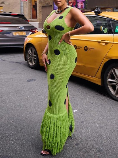 Fringe Hem Deep V Neck Cutout Dress