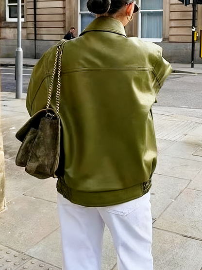 Faux Leather Ribbed Cuffs Bomber Jacket