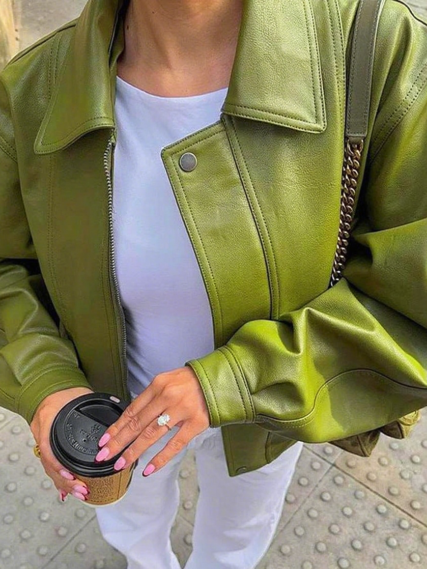 Faux Leather Ribbed Cuffs Bomber Jacket