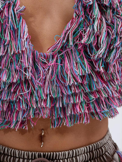 Deep V Neck Fringed Two Pieces Set
