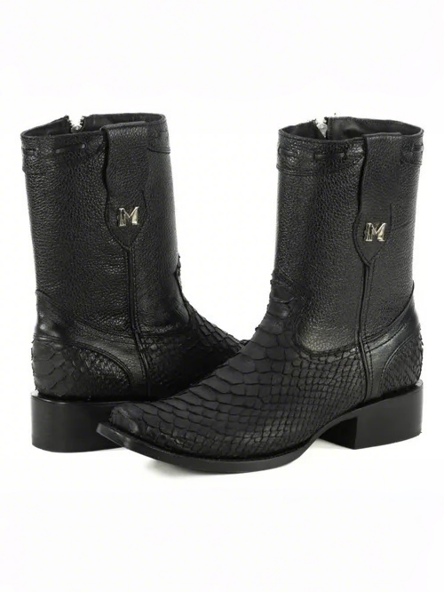 Men's Black Matte Python Zipper Ankle Boots