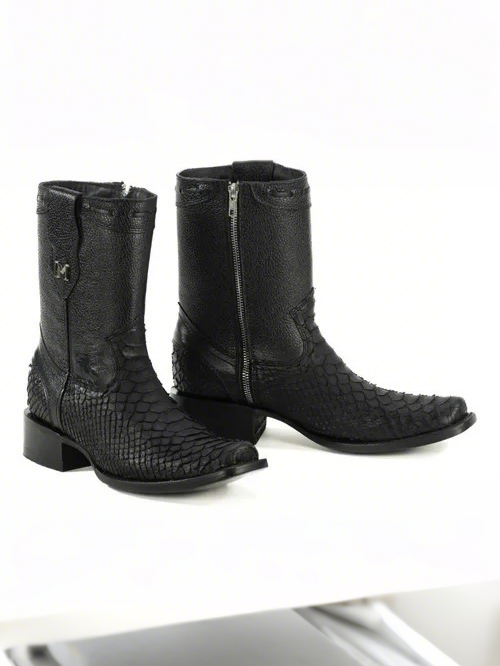 Men's Black Matte Python Zipper Ankle Boots