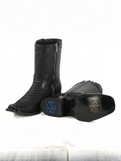 Men's Black Matte Python Zipper Ankle Boots