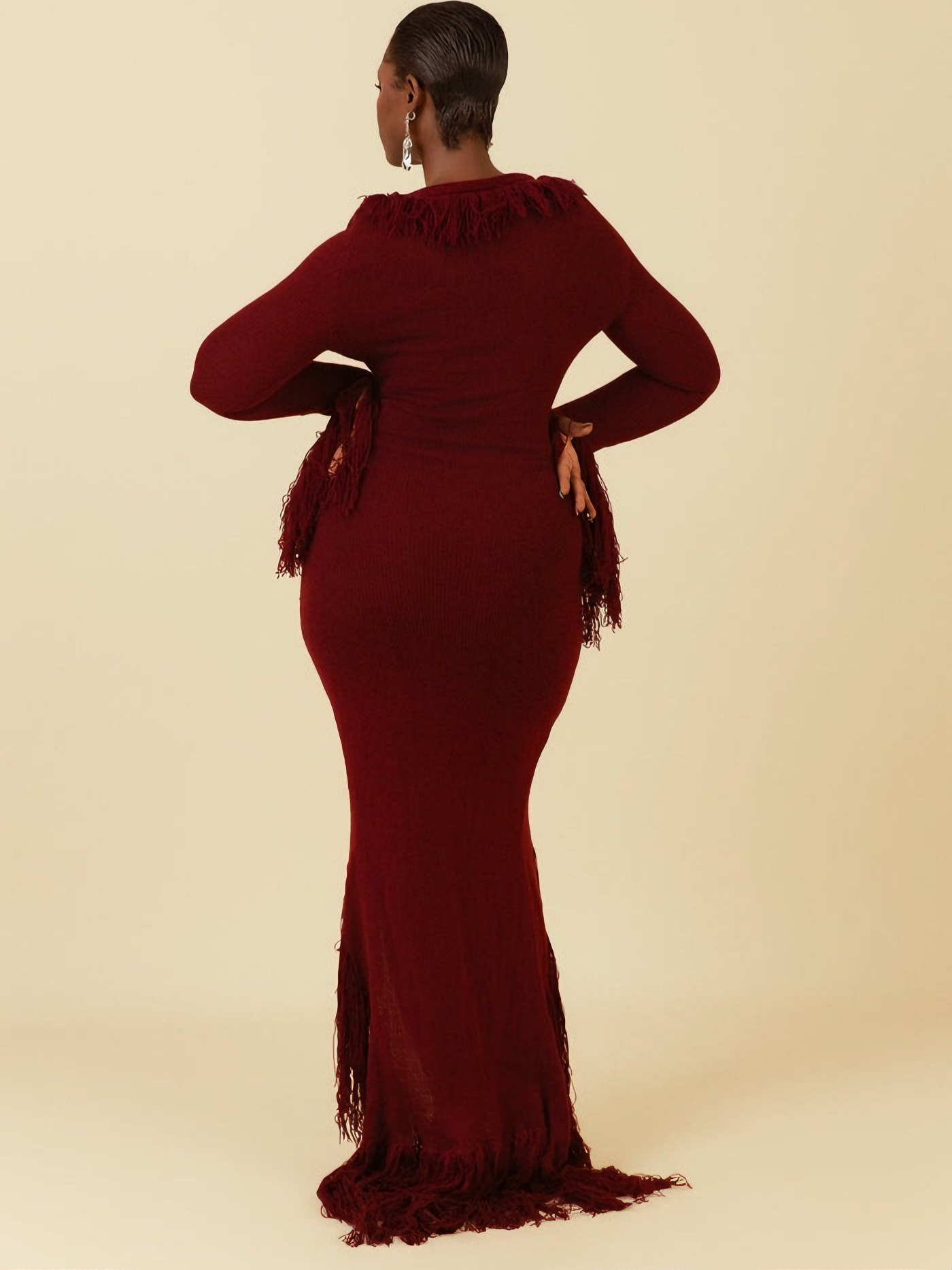 Burgundy Knit Deep V Neck Fringed Slit Hem Maxi Dress