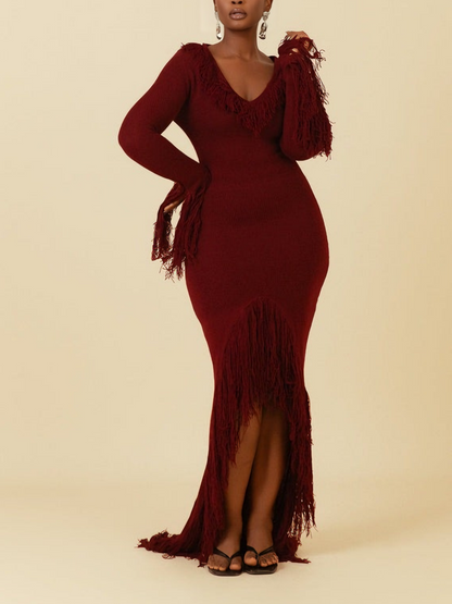 Burgundy Knit Deep V Neck Fringed Slit Hem Maxi Dress